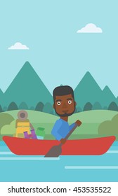 An african-american man riding in a kayak on the river with a skull in hands and some tourist equipment behind him. Man traveling by kayak. Vector flat design illustration. Vertical layout.