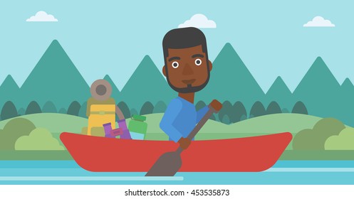 An african-american man riding in a kayak on the river with a skull in hands and some tourist equipment behind him. Man traveling by kayak. Vector flat design illustration. Horizontal layout.