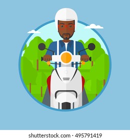 An african-american man riding a scooter on the asphalt road on the background of forest. Young man in helmet driving a scooter. Vector flat design illustration in the circle isolated on background..