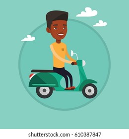 African-american man riding a scooter outdoor. Man driving a scooter. Man enjoying trip on a scooter. Man traveling on a scooter. Vector flat design illustration in the circle isolated on background.
