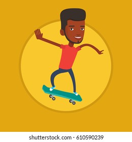 African-american man riding a skateboard. Sportsman skateboarding. Skater riding a skateboard. Sportsman jumping with skateboard. Vector flat design illustration in the circle isolated on background.