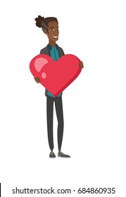 African-american man showing a big heart. Full length of young man with heart shape. Happy man holding a red heart. Vector flat design cartoon illustration isolated on white background.