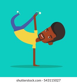 An african-american man showing his skills in break dance. Happy break dance dancer doing handstand. Young smiling man dancing. Strong man breakdancing. Vector flat design illustration. Square layout.