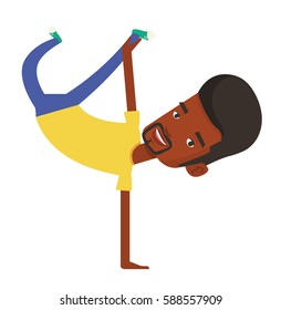 African-american man showing his skills in break dance. Break dance dancer doing handstand. Young man dancing. Strong man breakdancing. Vector flat design illustration isolated on white background.