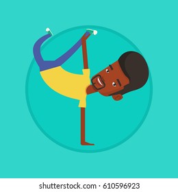 African-american Man Showing His Skills In Break Dance. Happy Breakdance Dancer Doing Handstand. Young Smiling Man Breakdancing. Vector Flat Design Illustration In The Circle Isolated On Background.