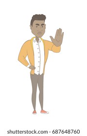 African-american man showing palm hand. Young man showing palm hand. Serious man making stop gesture by palm. Vector sketch cartoon illustration isolated on white background.