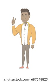 African-american man showing victory gesture. Young man showing victory sign with two fingers. Vector sketch cartoon illustration isolated on white background.