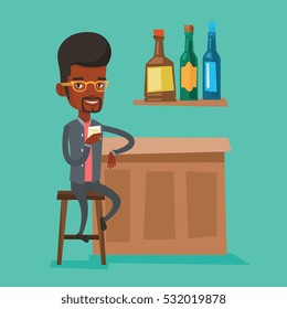 An african-american man man sitting at the bar counter. Man sitting with glass in bar. Vector flat design illustration. Square layout