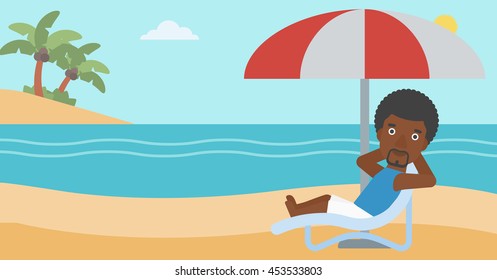 An african-american man sitting in a chaise longue on the beach. An african-american man relaxing while sitting under umbrella on the beach. Vector flat design illustration. Horizontal layout.