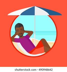 An african-american man sitting in a chaise longue on the beach. Young man relaxing while sitting under umbrella on the beach. Vector flat design illustration in the circle isolated on background.