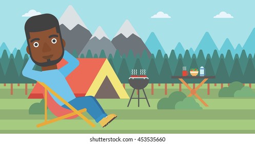 An african-american man sitting in a folding chair in the camp. Man relaxing and enjoying his camping holiday near the tent. Vector flat design illustration. Horizontal layout.