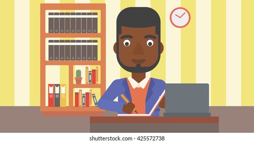 An african-american man sitting in front of laptop and taking some notes on the background of room vector flat design illustration. Horizontal layout.