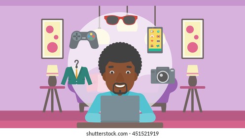 An african-american man sitting in front of laptop and some images of goods around him. Man doing online shopping. Man buying on internet. Vector flat design illustration. Horizontal layout.