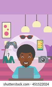 An african-american man sitting in front of laptop and some images of goods around him. Man doing online shopping. Man buying on internet. Vector flat design illustration. Vertical layout.