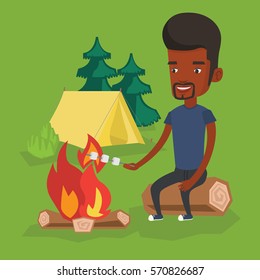 African-american man sitting near campfire. Man roasting marshmallow over campfire. Tourist relaxing near campfire on the background of camping site. Vector flat design illustration. Square layout.