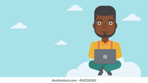 An african-american man sitting on a cloud with a laptop on his knees. Happy man using cloud computing technology. Cloud computing concept. Vector flat design illustration. Horizontal layout.