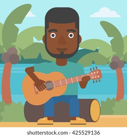 An african-american man sitting on a log and playing a guitar on the background of tropical beach with palm trees and the sea vector flat design illustration. Square layout.