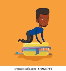 African-american man sitting on suitcase and trying to close it. Frustrated man having problems with packing a lot of clothes into a single suitcase. Vector flat design illustration. Square layout.