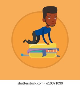 African-american man sitting on suitcase and trying to close it. Frustrated man having problems with packing clothes in suitcase. Vector flat design illustration in the circle isolated on background.
