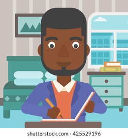 An african-american man sitting at the table and writing an article in writing-pad on the background of bedroom vector flat design illustration. Square layout.