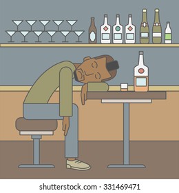 An african-american man sleeping at the table with an empty glass and a bottle on it on a bar background. Vector line design illustration. Square layout.