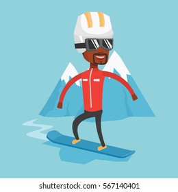 African-american man snowboarding on the background of snow capped mountain. Snowboarder on piste in mountains. Young man snowboarding in the mountains. Vector flat design illustration. Square layout.