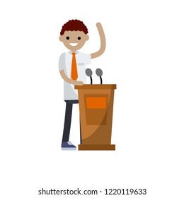 African-American man speaks at the podium. Politician speech at the microphone. Elections and polling. Dialogue of the statesman.
