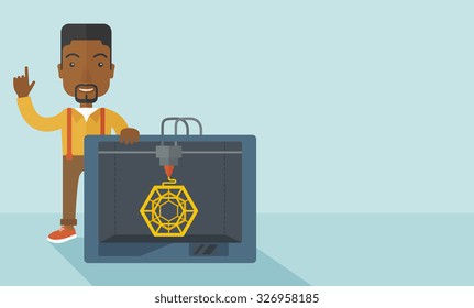 An african-american man standing with 3D printer and a raised hand  vector flat design illustration isolated on blue background. Horizontal layout with a text space.