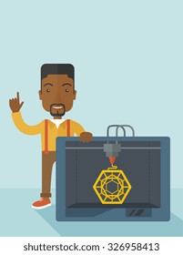 An african-american man standing with 3D printer and a raised hand  vector flat design illustration isolated on blue background. Vertical layout with a text space.