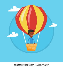 African-american man standing in the basket of hot air balloon. Man flying in a hot air balloon. Man traveling in hot air balloon. Vector flat design illustration in the circle isolated on background.