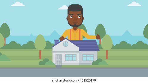 An african-american man standing behind the house and showing thumb up. Real estate agent offering the house. Young man giving thumbs up. Vector flat design illustration. Horizontal layout.