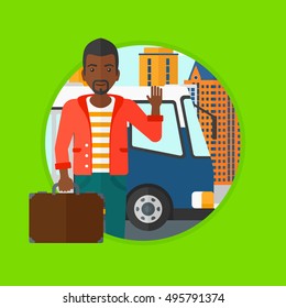 An african-american man standing at the entrance door of a bus on a city background. Young man waving in front of a bus. Vector flat design illustration in the circle isolated on background.