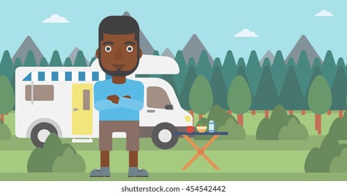 An african-american man standing in front of motor home. Young man with arms crossed enjoying vacation in camper van. Vector flat design illustration. Horizontal layout.