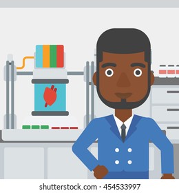 An african-american man standing near 3D printer making a heart on the background of laboratory. Man working with 3D printer. Vector flat design illustration. Square layout.