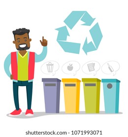 African-american man standing next to the four garbage bins for paper, glass, mixed and food waste. Concept of garbage separation, environmental protection and recycling. Vector cartoon illustration.