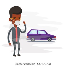 An african-american man standing on the background of car with traffic fumes. Man wearing mask to reduce the effect of traffic pollution. Vector flat design illustration isolated on white background.