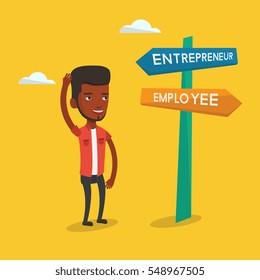 An african-american man standing at road sign with two career ways - entrepreneur and employee. Man choosing career way. Man making a decision of career. Vector flat design illustration. Square layout