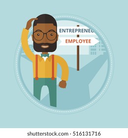 An african-american man standing at road with two career pathways and making decision of his career as entrepreneur or employee. Vector flat design illustration in the circle isolated on background