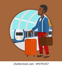 An african-american man standing at the train station on the background of arriving train. Man with suitcases waiting for a train. Vector flat design illustration in the circle isolated on background.