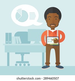 An african-american man standing while his hand pointing to the tablet to do his office presentation with the schedule of financial market. Business concept. A Contemporary style with pastel palette