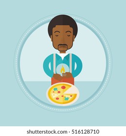 An african-american man suffering from heartburn after eating pizza. Upset young man suffering from heartburn caused by pizza. Vector flat design illustration in the circle isolated on background.