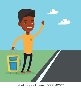 African-american man with suitcase hitchhiking on roadside. Hitchhiking man trying to stop a car on a highway. Man catching taxi car by waving hand. Vector flat design illustration. Square layout.