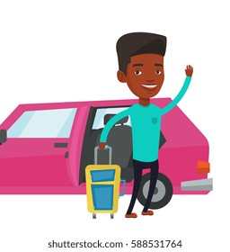 African-american man with suitcase standing on the background of open car door. Man waving in front of car. Man going to vacation by car. Vector flat design illustration isolated on white background.