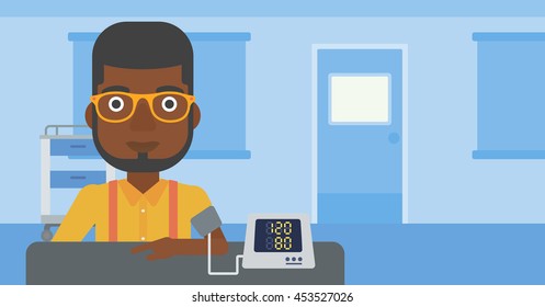 An African-american Man Taking Care Of His Health And Checking His Blood Pressure With Digital Meter. Vector Flat Design Illustration. Horizontal Layout.