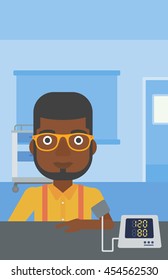 An African-american Man Taking Care Of His Health And Checking His Blood Pressure With Digital Meter. Vector Flat Design Illustration. Vertical Layout.