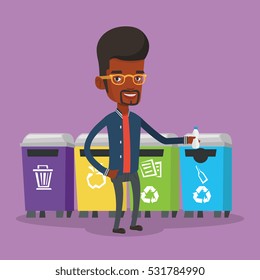 African-american man throwing away garbage. Man standing near four bins and throwing away garbage in an appropriate bin. Concept of garbage separation. Vector flat design illustration. Square layout.