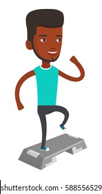 African-american man training with stepper in gym. Man doing step exercises. Man working out with stepper. Sportsman standing on stepper. Vector flat design illustration isolated on white background.