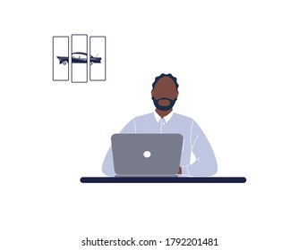 African-american man tutor work on laptop.Remote work, distance learning or online training during the virus epidemic.Guy trainer or coach conduct webinar or workshop.Vector colourful illustration