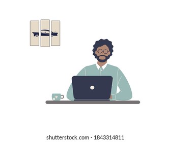 African-american man tutor work on laptop.Remote work, distance learning or online training during the virus epidemic.Guy trainer or coach conduct webinar or workshop.Vector colourful illustration