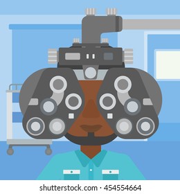 An african-american man undergoing an eye examination while visiting optometrist at the medical office. Vector flat design illustration. Square layout.